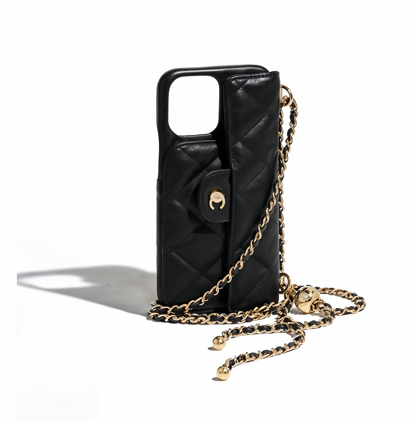 Étui de téléphone matelassé noir de luxe CeCe avec chaîne dorée