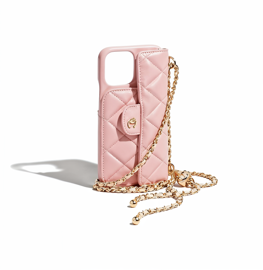 Étui de téléphone matelassé rose pâle élégant CeCe avec chaîne dorée